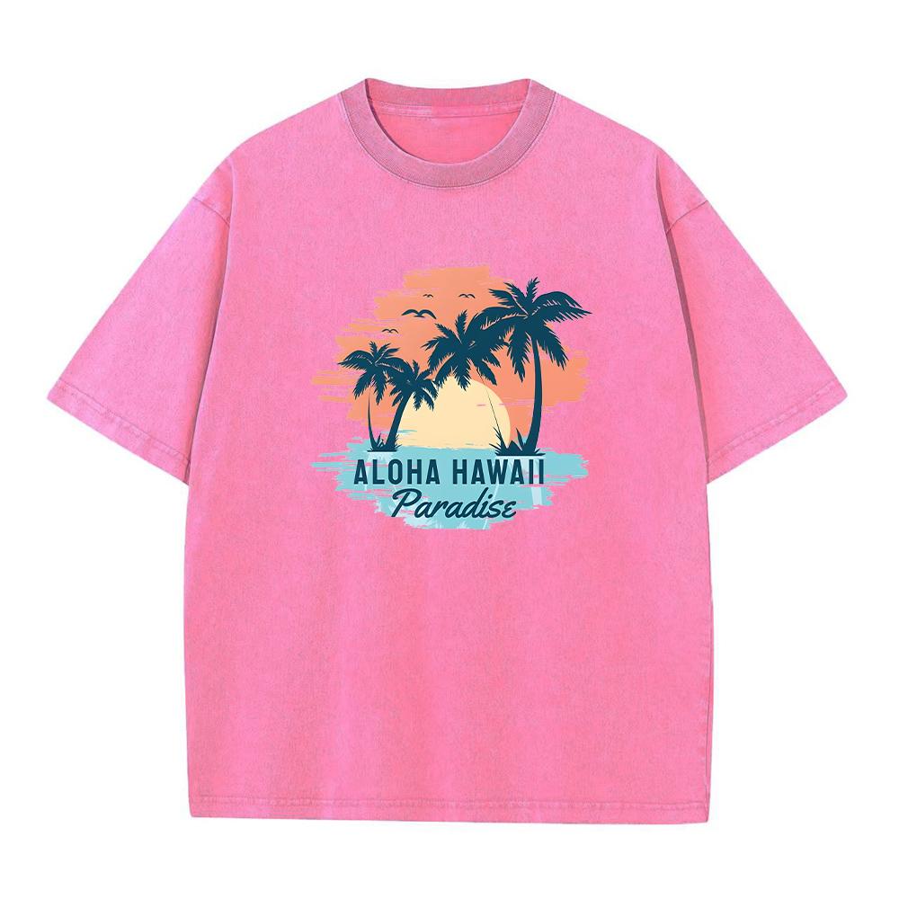 Mens Distressed Washed T Shirt With HAWAII Coconut Tree Print Pure Cotton Short Sleeve Vacation Style Casual Loose Fit Top
