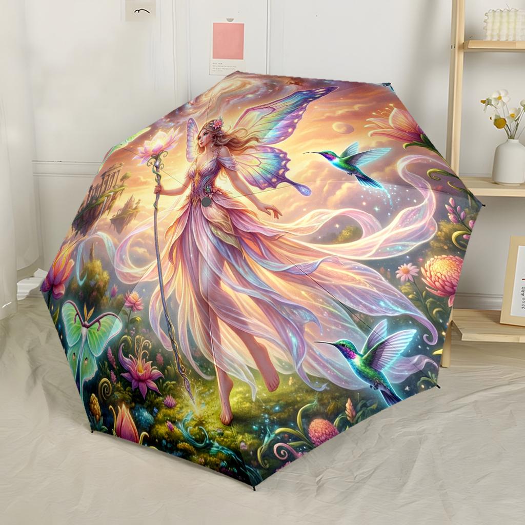Floral Stained Glass Sprite Automatic Umbrella Folding Umbrella with 8 Ribs Compact Design Outdoor Daily Use Vibrant Pattern Umbrella Spiritual Gift