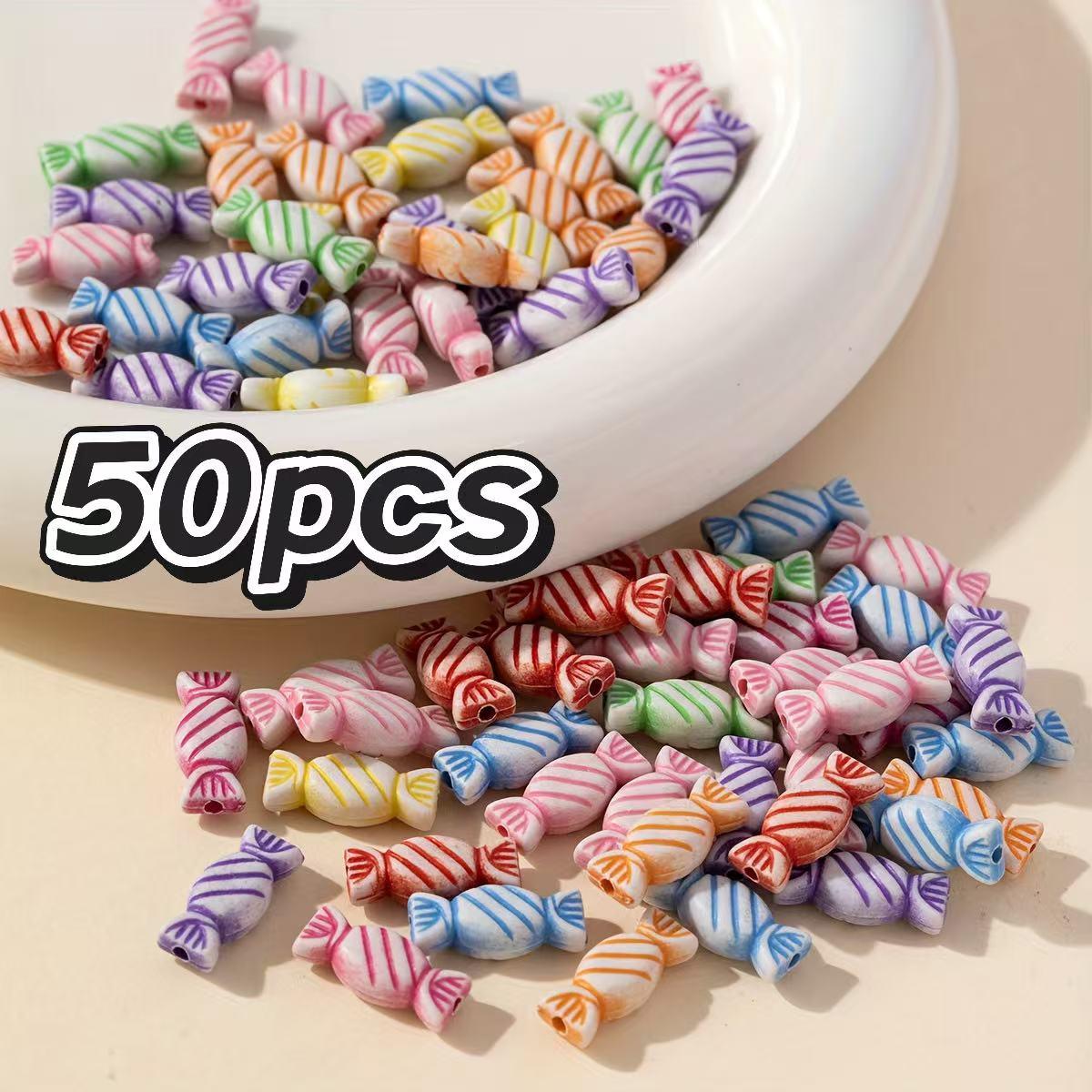 [Acrylic Candy Beads] 50 colorful acrylic candy beads - bright stripes and geometric patterns - suitable for DIY jewelry making, 50pcs