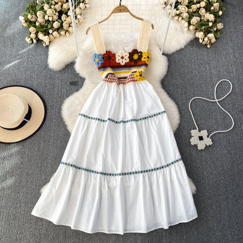 

Retro Three-Dimensional Flower Knitted Patchwork A- line Slip Dress Apricot color One size