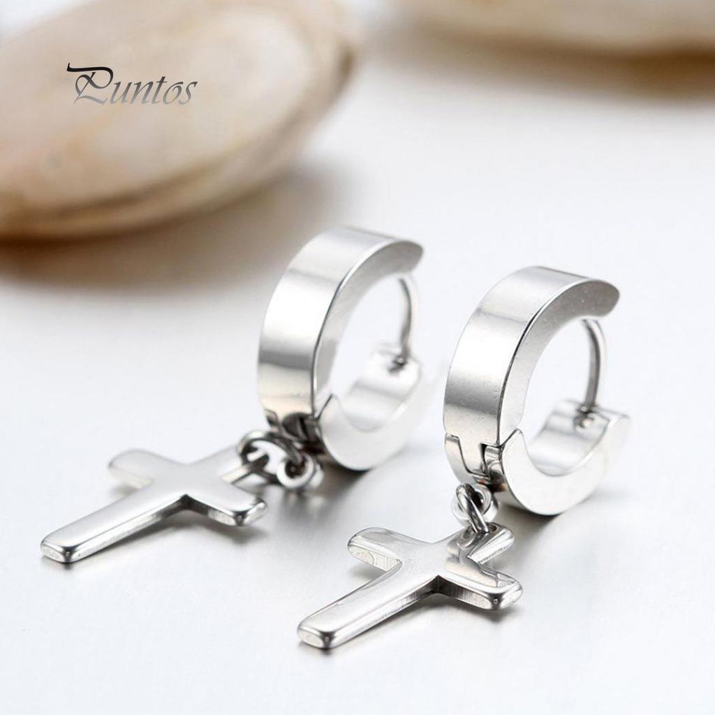 Lady's Men's Stainless Steel Cross Drop Dangle Huggie Hinged Hoop Earrings