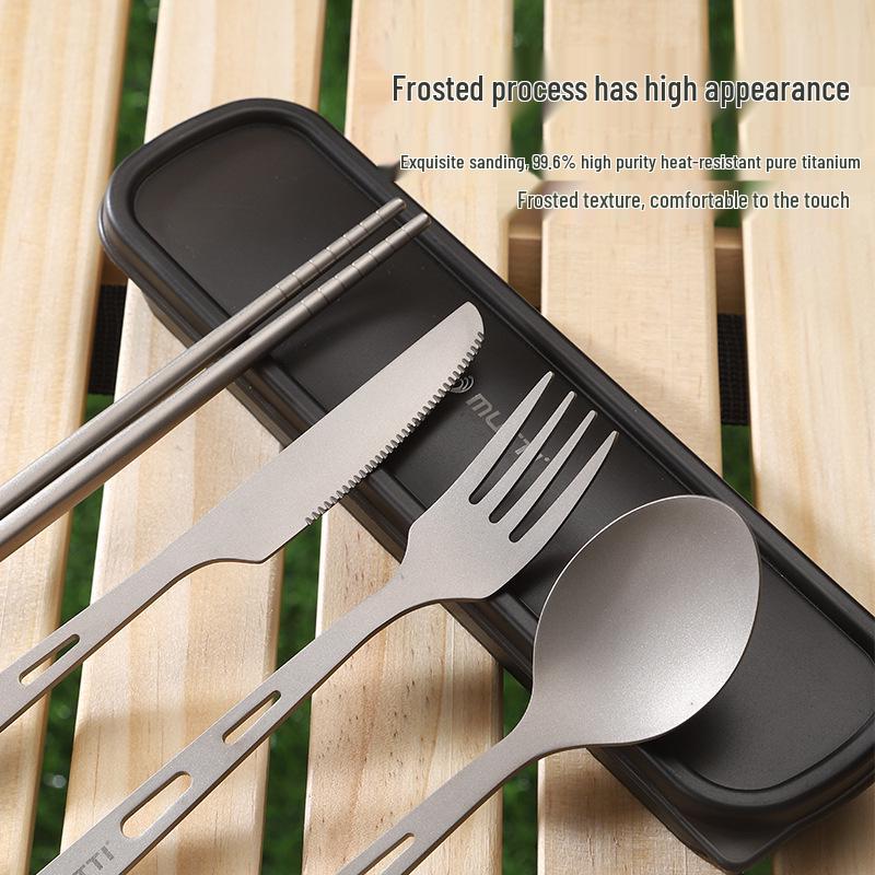 Titanium Cutlery Set: 4-Piece Fork, Spoon, Knife & Chopsticks for Outdoor Camping