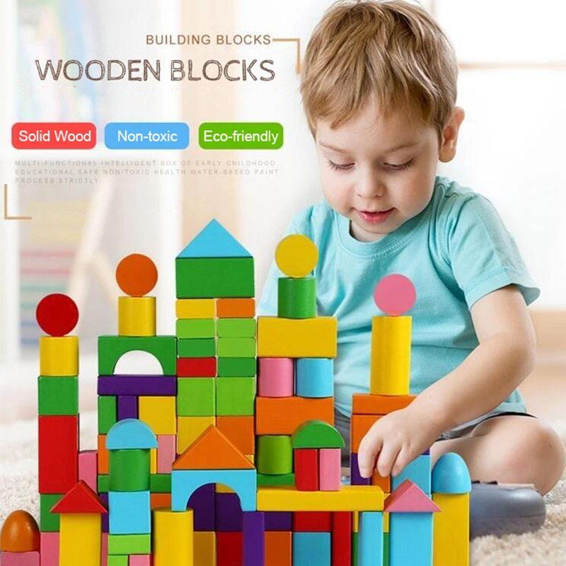 Colorful large particle children's wooden assembled building blocks, baby early education puzzle enlightenment toys