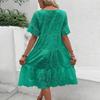 Womens Hollow Out O-Neck Short Sleeve A-Line Pleated Patchwork Solid Swing Midi Dress Beach Vacation Embroidered