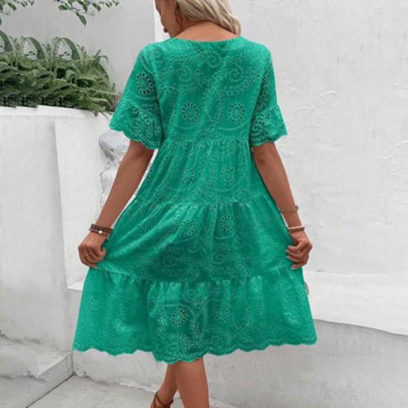 Womens Hollow Out O-Neck Short Sleeve A-Line Pleated Patchwork Solid Swing Midi Dress Beach Vacation Embroidered