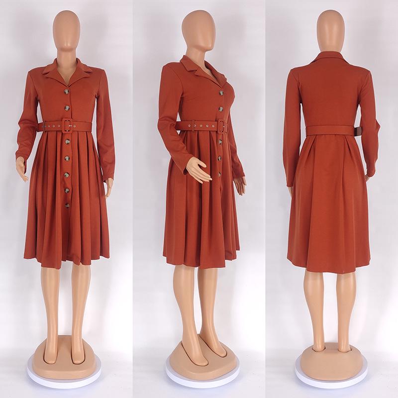 Solid Color V-Neck A-Line Dress with Belt, European & American Style, Plus Size, African Women