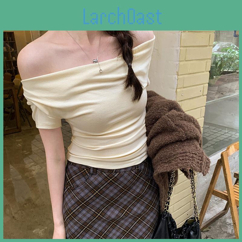 Solid Color Summer Spring Women One Shoulder Short Sleeved Shirt Slim Oneck Blouses Pullover Tight Short Top Sxxl