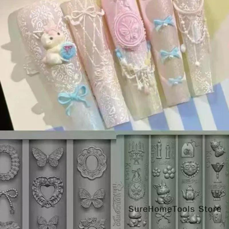 Silicone Nail Art Mold Cartoon Lace Bow Rabbit Cute Candle Moon Flower Strawberry Nail Art Diy 3d Decoration Mold Design Tools