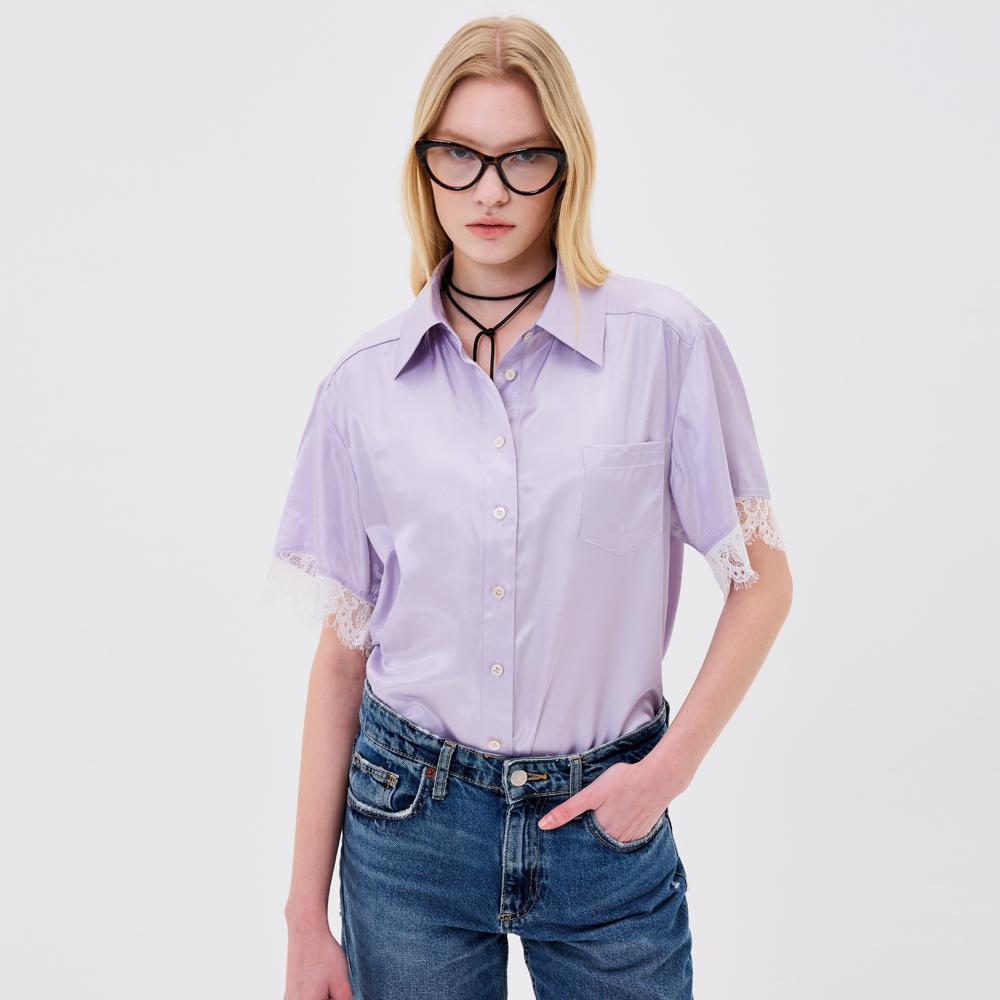 Bunderghost Lace Color Block Shirt Blouse Purple Purple
