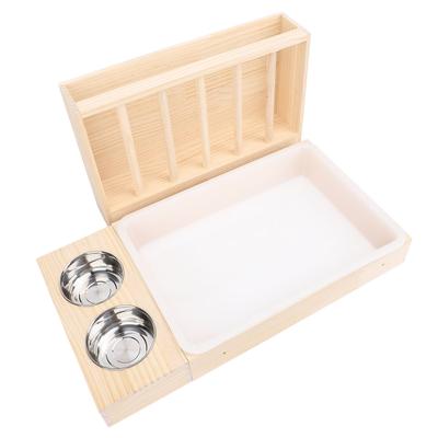Rabbit Hay Feeder with Litter Box 2 Stainless Steel Bowls Mess Proof Wooden Bunny Feeding Manger for Chinchillas Hamster Small Animals