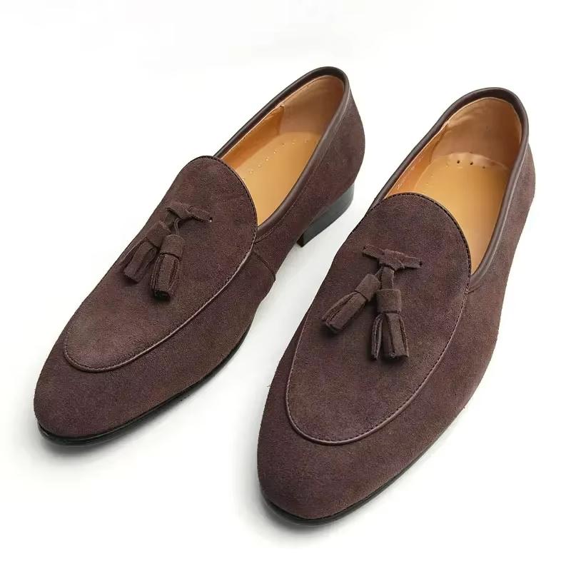 Fashion Elegant Casual Office Shoe Cow Suede Loafers Men Business Daily Wear Professional handmade Top Quality Tassel Retro Slip On Shoe