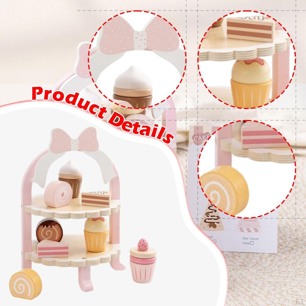 Children's Wood Dessert Cake Stand Set with Assorted Cakes for Little Girls 25×19.3cm Accessory