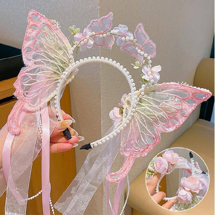 Pearls Headband Butterfly Ribbon Pageant Prom for School Play Stage Props