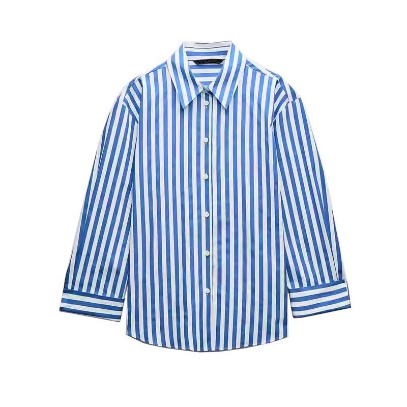 

Spring and Summer New Women s Clothing Minimalist Style Single-Breasted Lapel Long Sleeves Stripes Poplin Shirt Tops 2930144 Blue L