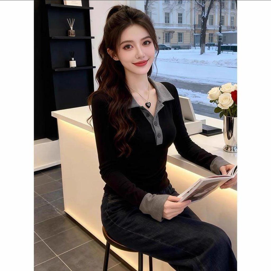 Women's Long Sleeve Ribbed Cotton T-shirt - Slim Fit, Stylish Design for Spring & Autumn