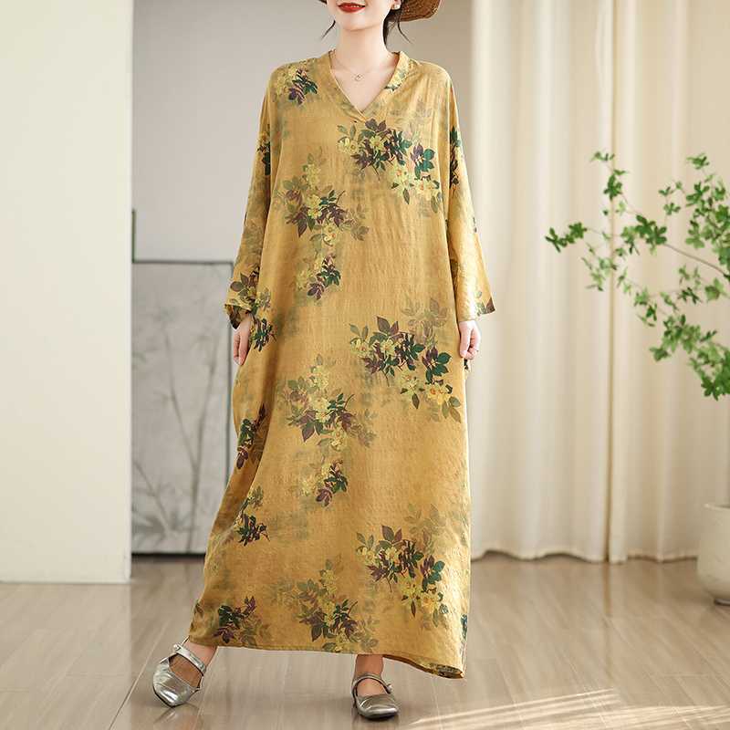 Colorful Vacation Style Travel V-neck Retro Long Skirt Cotton Linen Dress