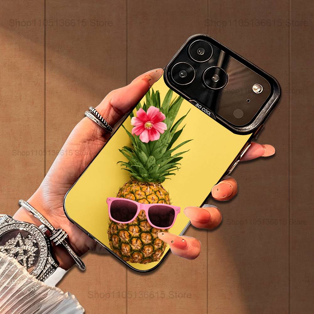 Cute Pineappl Art Fruit  Case For iPhone 16,15,14,17,13,12,11,Mini,Pro,SE,XS,MAX,Black Matte Silicone Cover