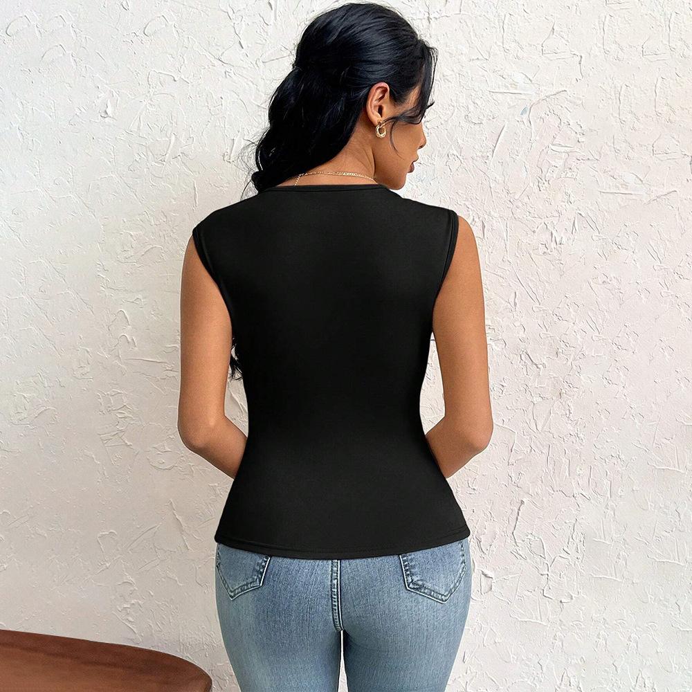 Women's clothing European and American elegant style T-shirt spring and summer new diagonal collar slim short solid color top