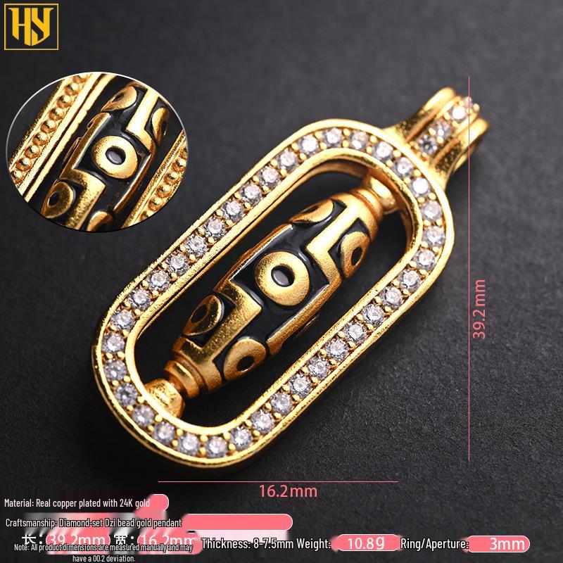 24k Gold-Plated Tibetan Nine-Eyed Dzi Bead Pendant Necklace with Zircon Inlay