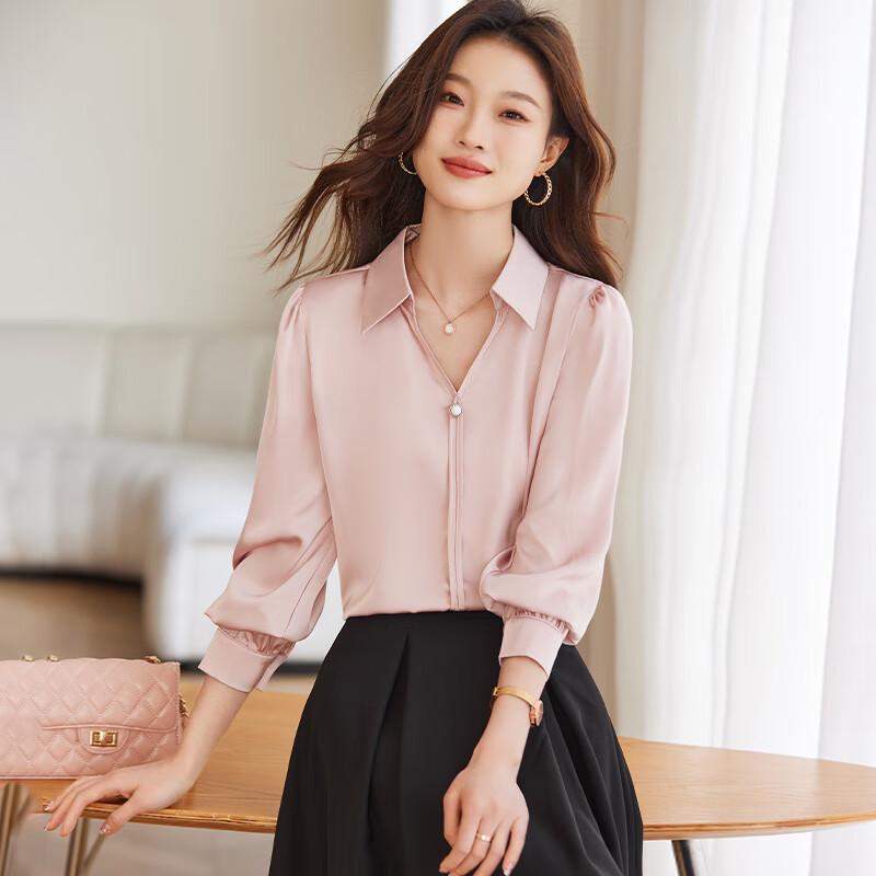 Teluoman Women's V-Neck Professional Long-Sleeve Blouse