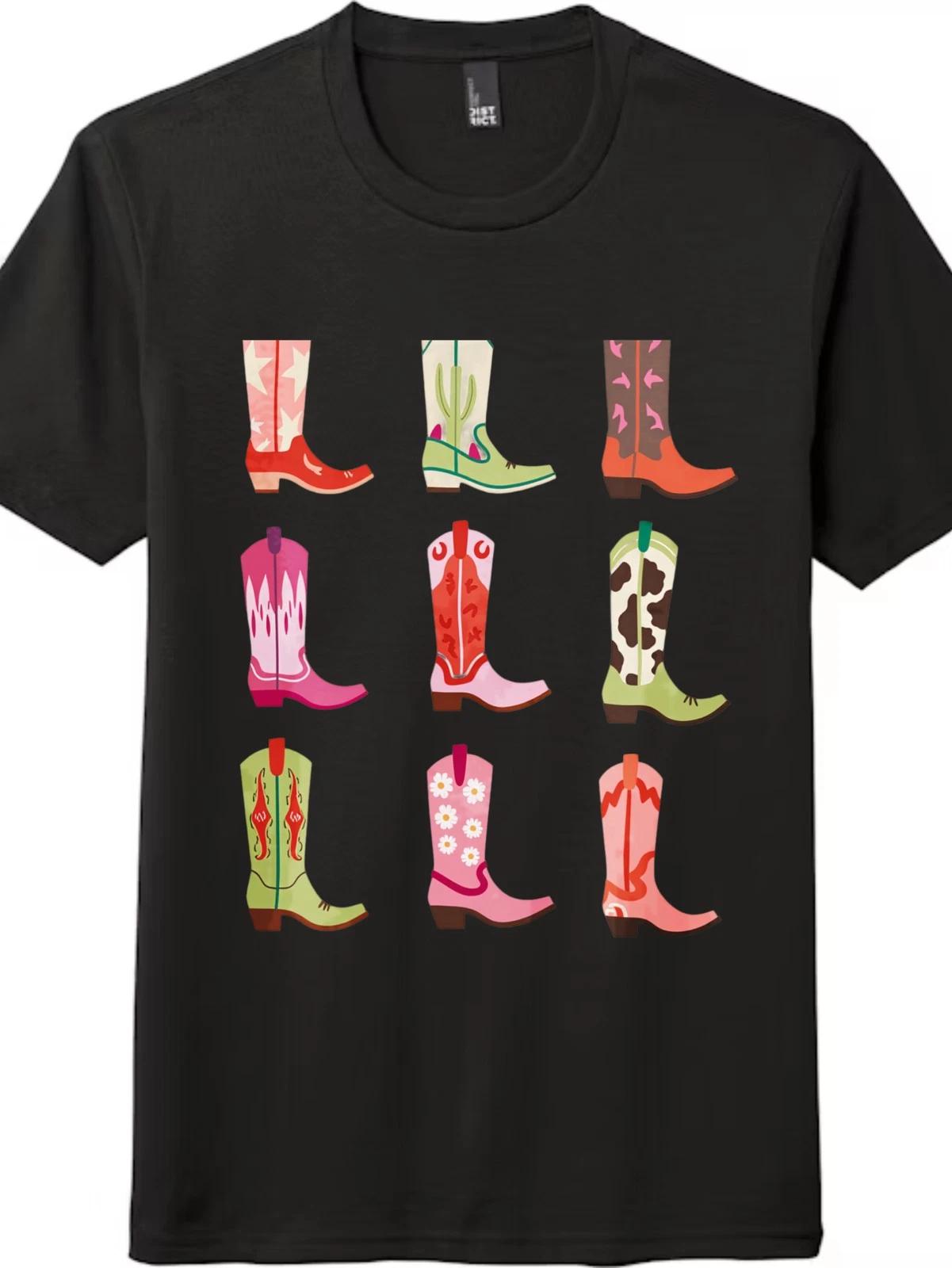 

Унисекс Ретро Хлопковая Рубашка - Цветные Ковбойские Сапоги Повседневная Футболка с Принтом Бесплатная Доставка L