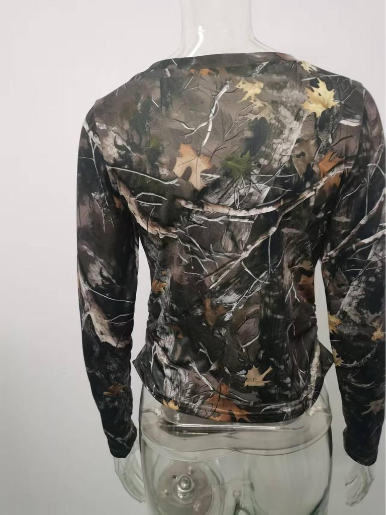 European Fashion 2025 Women's Retro Camouflage Tree Branch Pattern U-Neck Slim Fit Cropped T-Shirt