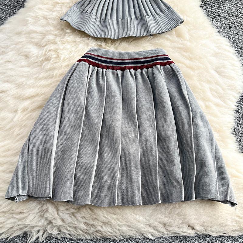 Summer Women College Style Knitted Sweater Two Piece Set Girl Polo Collar Pullover Top and Mini Pleated Skirt Suit
