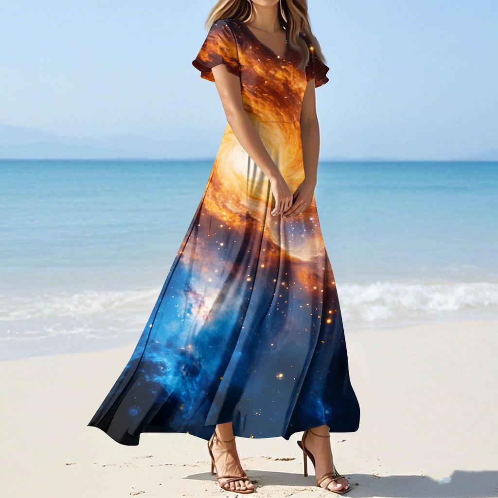 Women's Summer Casual Fashion -Print V-Neck Short-Sleeve Patchwork Dress