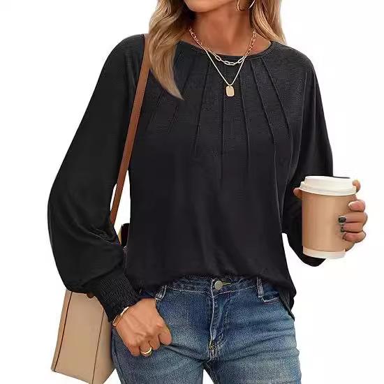 Women's Ruched Long Sleeve Blouse Casual Loose Fit Crew Neck Top Solid Color T-Shirt