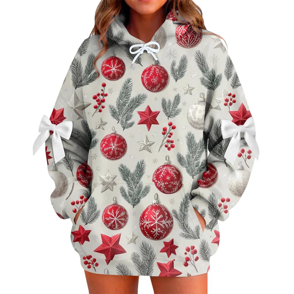 Ladies' Christmas Printed Bow Long Sleeved Loose Fitting Headband With Rope Hooded Sweatshirt Top
