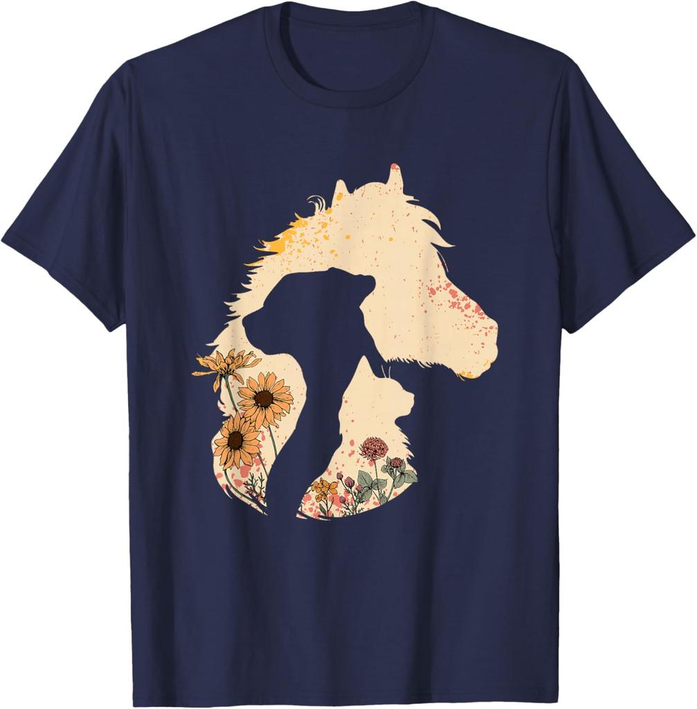 Pferd Hund Katze Silhouette Floral Boho Vintage Grafik T-Shirt Weiches Lässiges Baumwoll-T-Shirt Damen