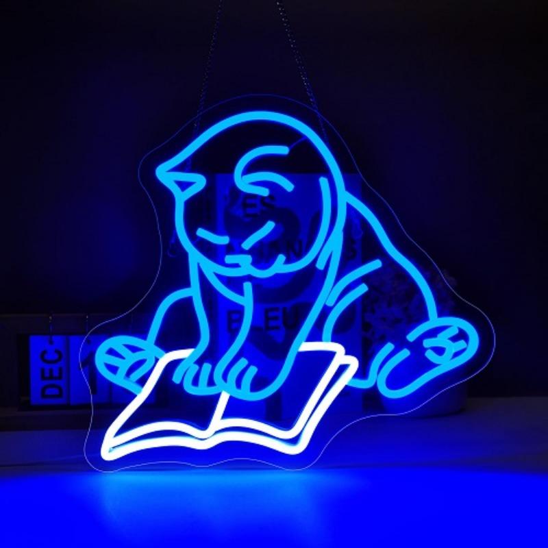 

Cat Reading Book Neon Sign for Wall Decor Cute Cat Led Signs for Library Neon Lights for Classroom Reading Cafe
