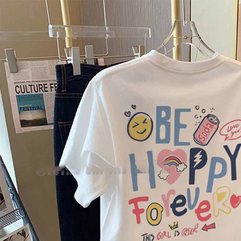 

Белая хлопковая футболка с коротким рукавом женская американский зарубежный стиль свободный ретро универсальный топ прилив S