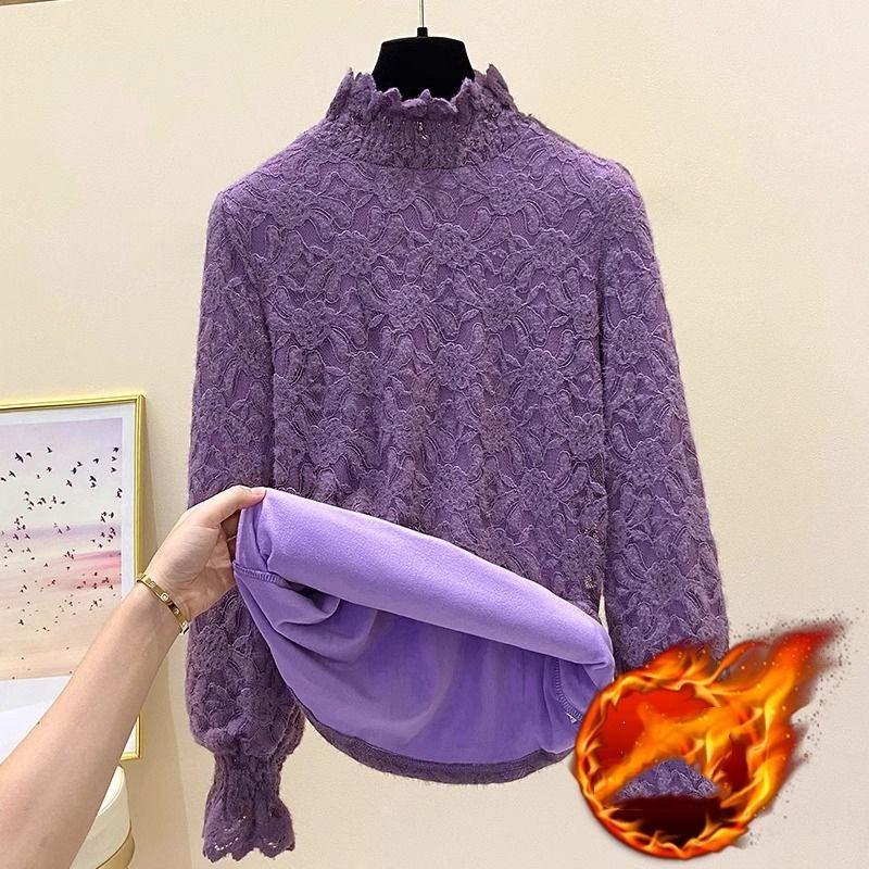 Women's Thick Lace Bottom Half High Neck Patchwork Ruched Long Sleeve Pullover Slim Top
