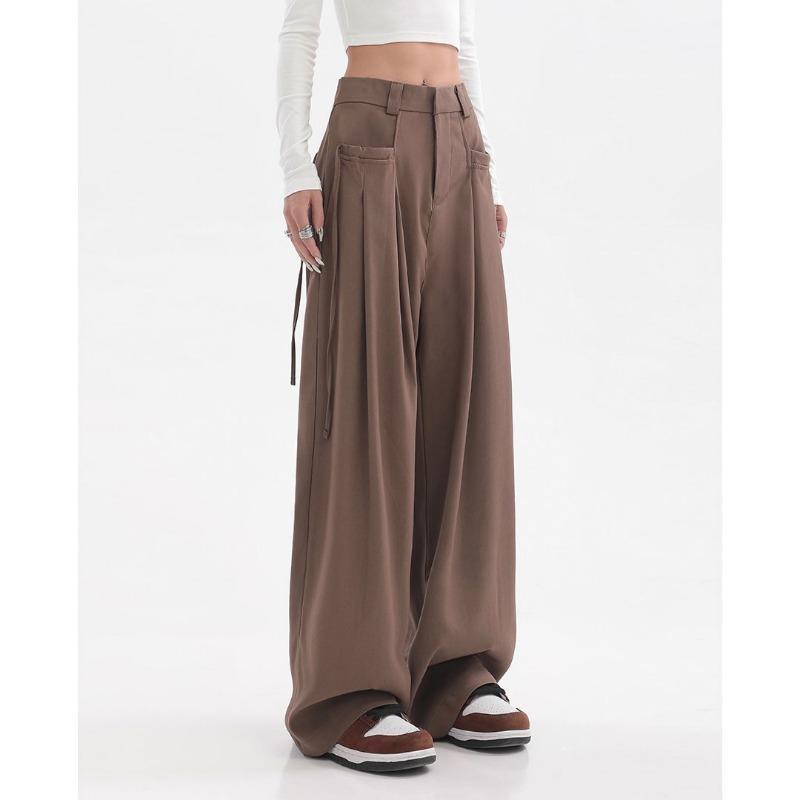 Hong Kong Style Retro Brown Wide Leg Suit Pants for Women In Spring and Autumn, Designed with A Sense of Maillard, with Straps and A Sense of Drape