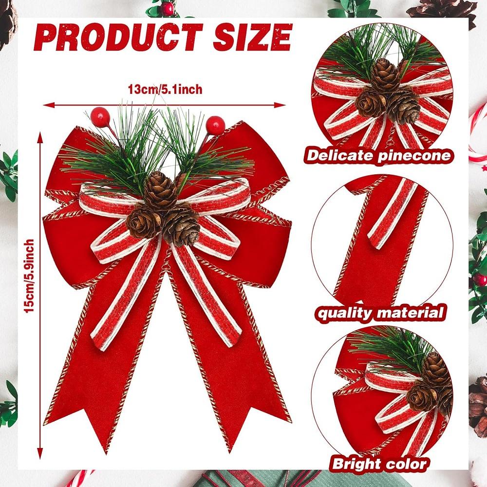 3 Pcs Christmas Burlap Plaid Bow with Pine Cones Pine Needles Xmas Checkered Ribbon Bow for Christmas Indoor Outdoor Farmhouse
