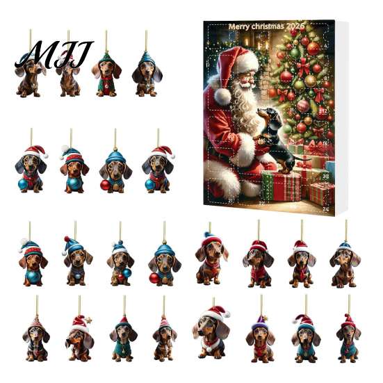 Regalo per Festa di Natale Calendari dell'Avvento Bassotto 2026, 24 Giorni Ciondolo Acrilico 2D Decorazione da Appendere all'Albero Calendario del Conto alla Rovescia, Ornamenti da Collezione Cane,