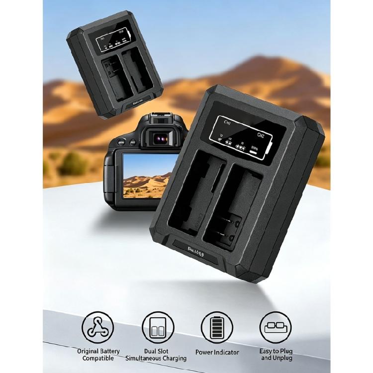 Camera Battery Charging Dock Featuring Two Distinct Bay Positions, a Front Display and 25/50/75/100 Status Numerals on a Black Charger Body