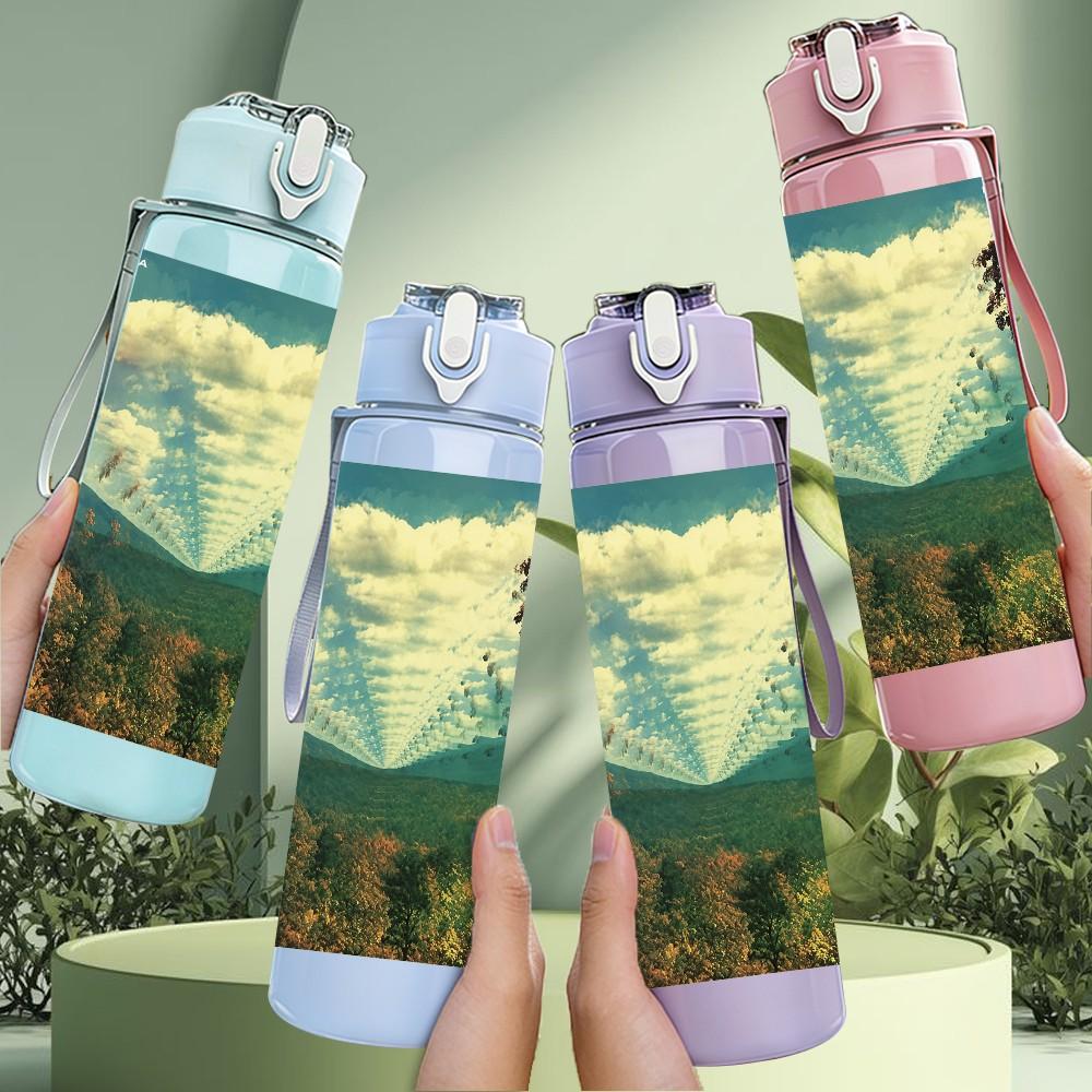 1PC Mountain Landscape 750ml sports water bottle leakproof straw lid outdoor office home