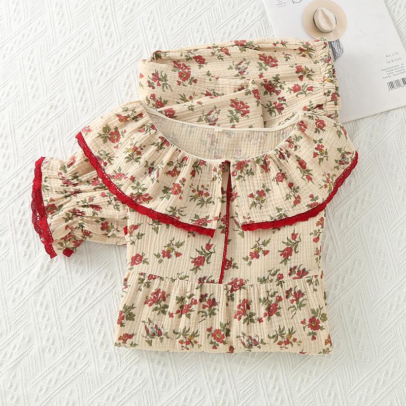 Double-layer Yarn Thin Pajamas Women's Pure Cotton Crepe Retro Sweet Doll Collar Loungewear Long-sleeved Trousers Set Spring and Autumn