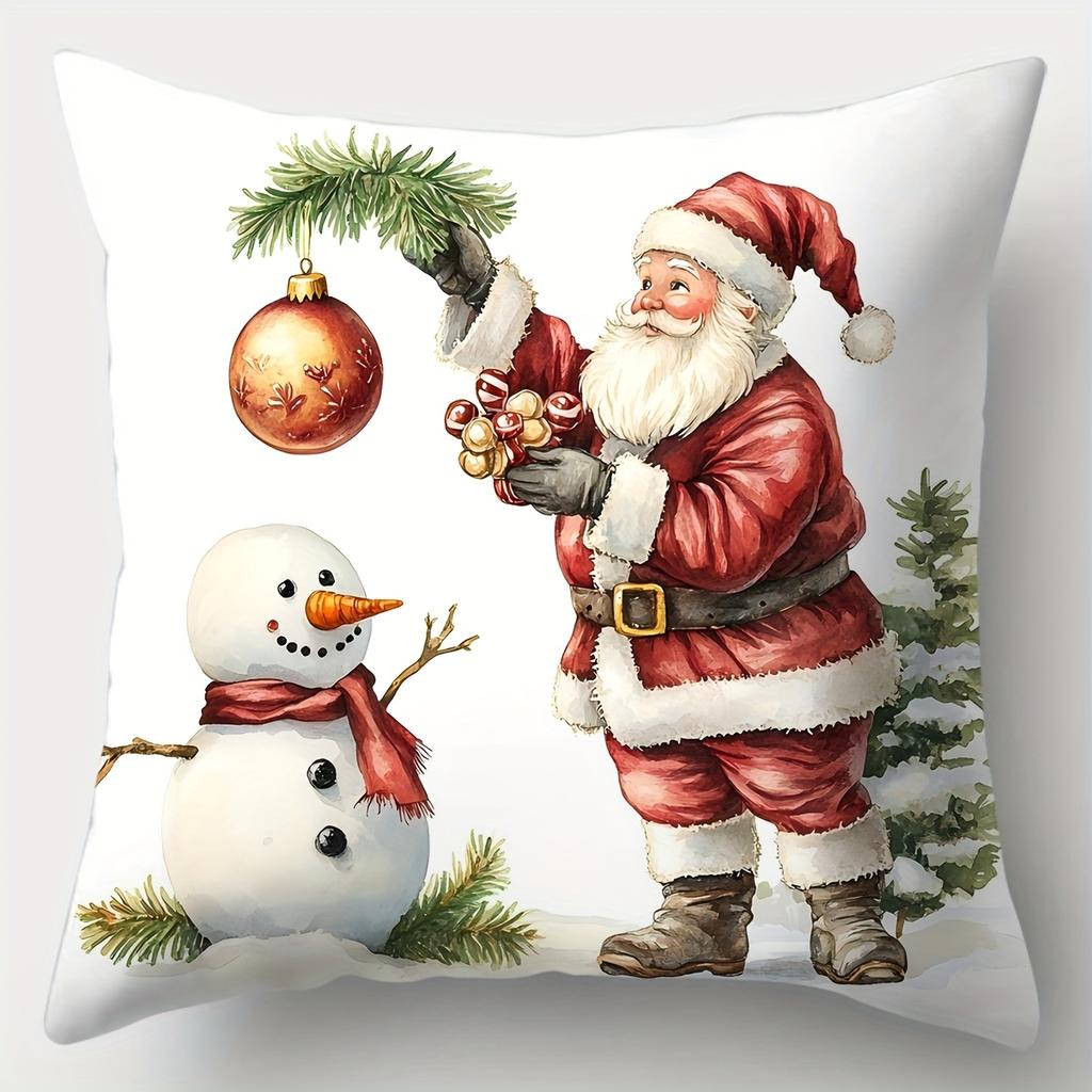4pcs Set, Christmas Pillowcase, Christmas Tree, Snowman, Santa Claus Pillowcase, 17.7"*17.7", Single-sided Print, Christmas Deco