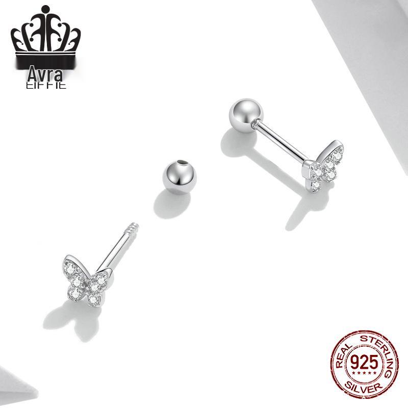 Sterling Silver S925 Simple Butterfly Earrings with White Gold Plated Zircon