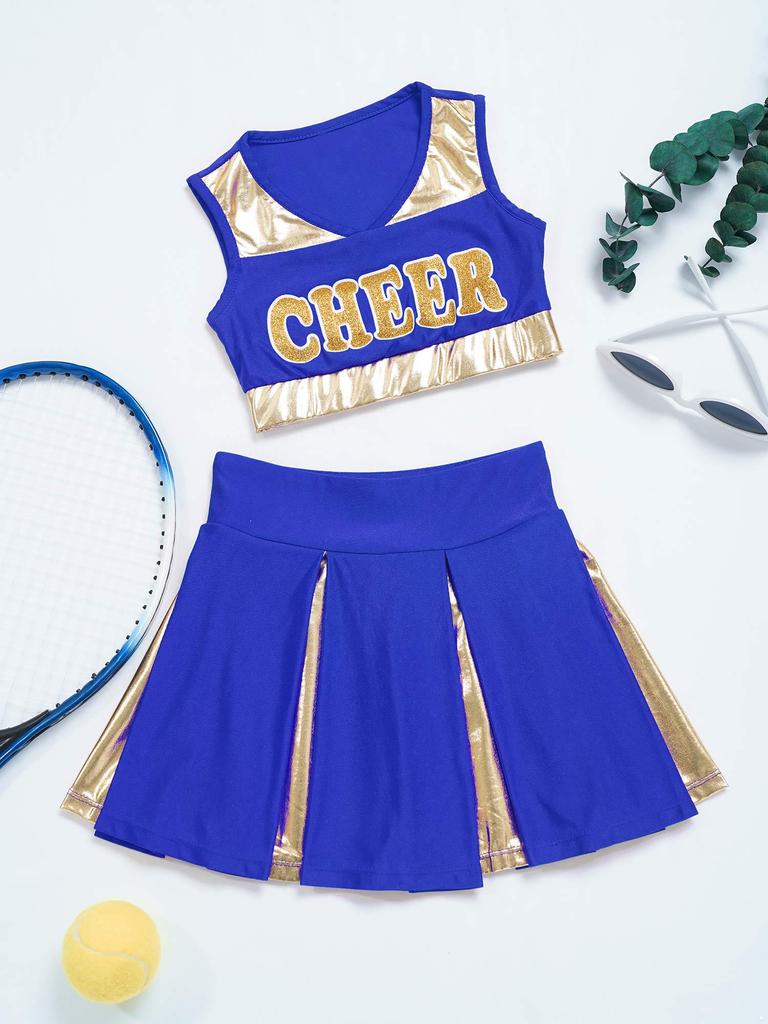 Girls Cheerleading Dance Set Patchwork Crop Top V Neck Letter Print with Elastic Waist Skirt