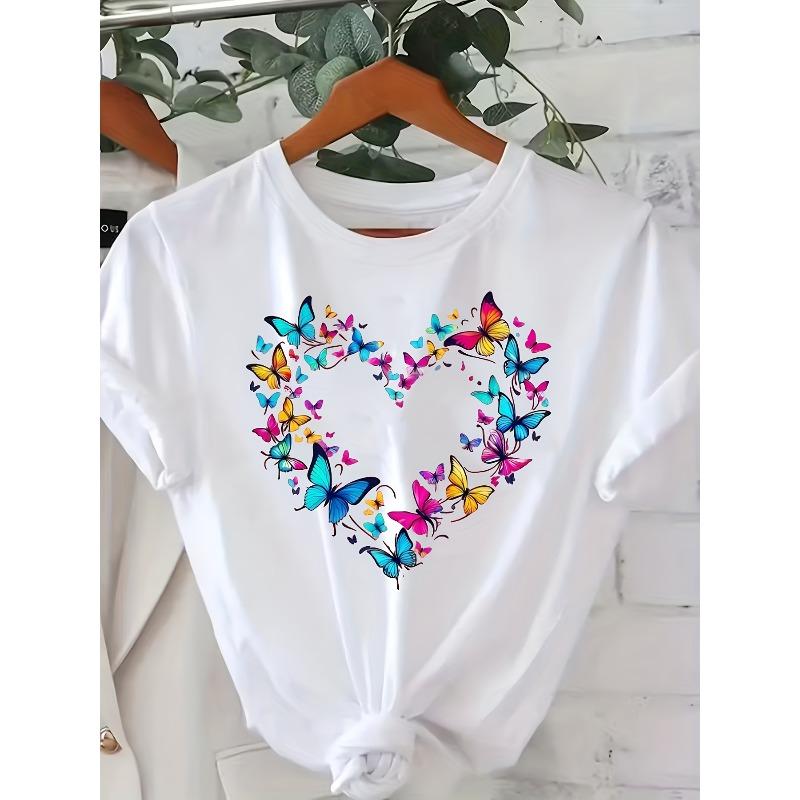 

European Size Ladies Valentine s Day Butterfly Heart Print T-Shirt - Soft Crew Neck Long Sleeve Shirt, Colorful Butterfly and Heart Design 4XL білий