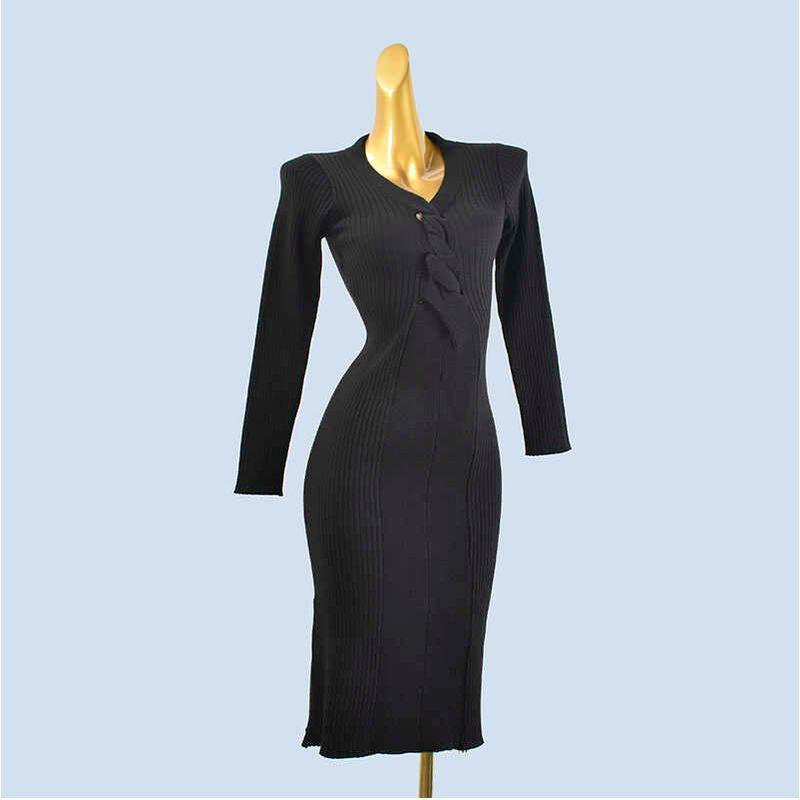 

French Hepburn Style Cross V-neck Halterneck Knitting Long Sleeve Dress Spring and Autumn Slim Fit Inner Wear Sheath Dress Black All yards