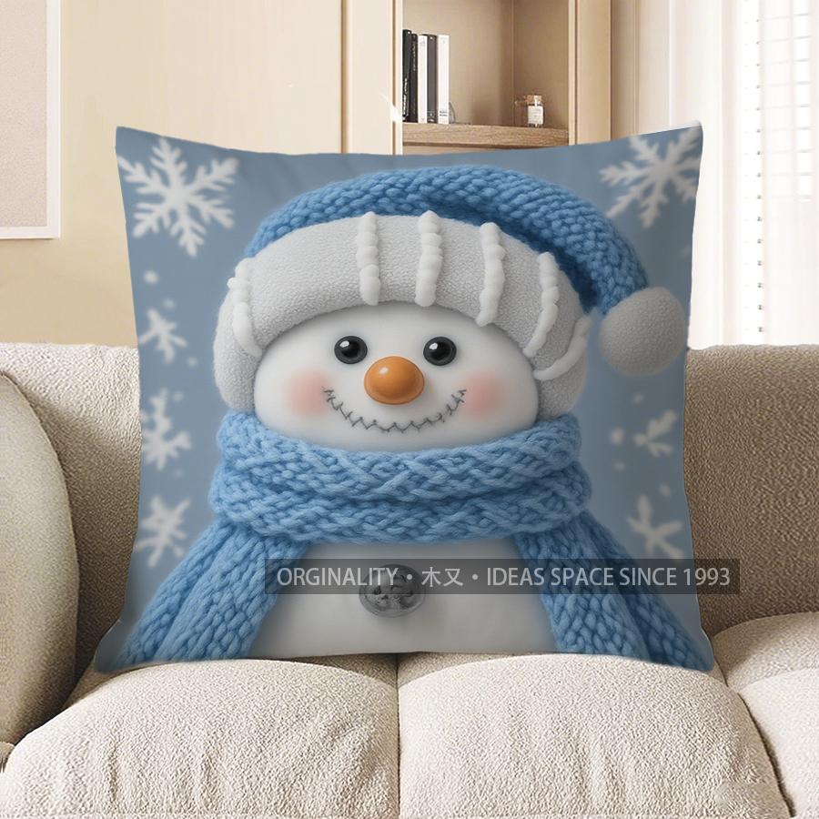 

Home Decor Blue Snowy Christmas Tree & Snowman Pillow Pattern Cushion Cover Suitable For Sofa Bedroom Car Pillow Cover 40x40cm