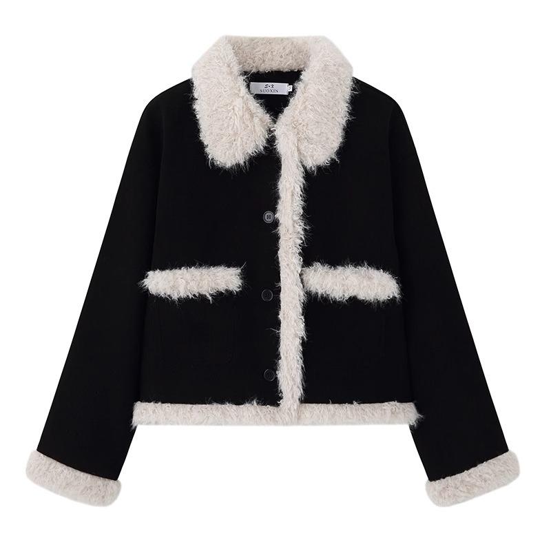 2025 Winter Women's French Chic Black Corduroy Lambswool Coat – Petite Eco-friendly Fur Plush Top