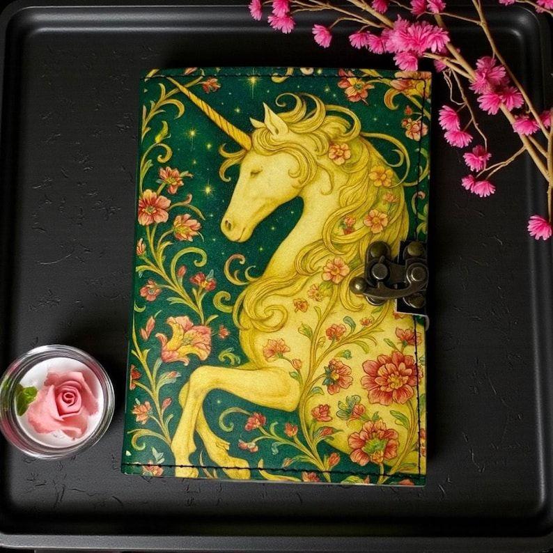 200-pages Unicorn Dreamscape Journal, Green & Gold Floral Leather Diary, Artisan Paper, Gift for Unicorn Lovers
