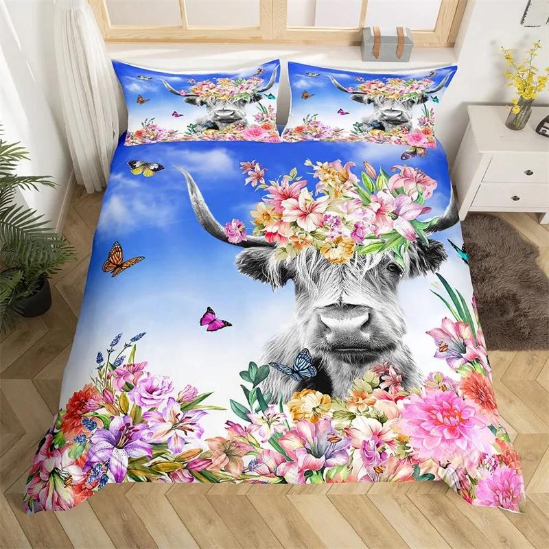 Highland Cow Bedding Set Polyester Bull Cattle Flowers Quilt Cover Western Wild Animal Duvet Cover Farmhouse Cow Bedspread Cover