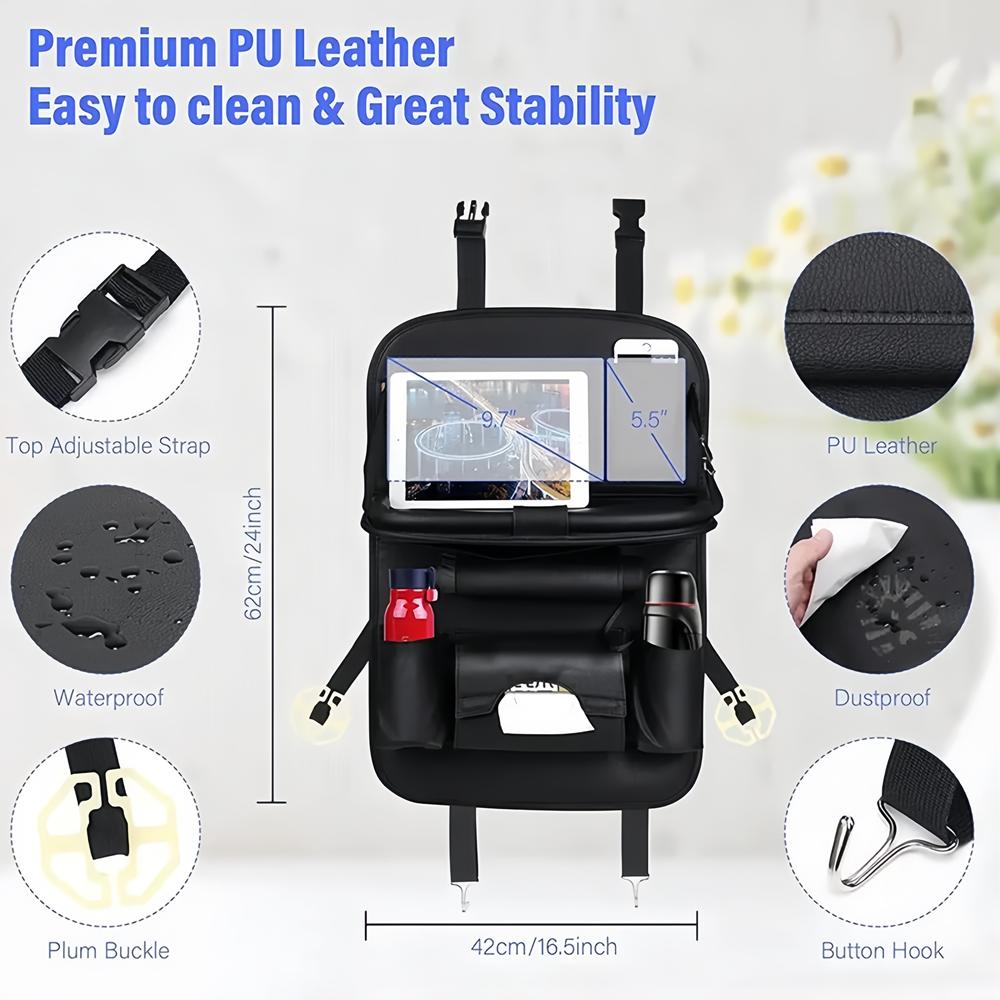 Car Seat Back Organizer PU Leather Foldable Table Tray with Storage Pockets And Kick Mats - Vehicle Interior Accessories